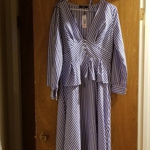 Stripe Lapel Asymmetric Lantern Sleeve Mid-Length